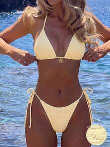 Swim Mod Women's Yellow Summer Casual Beach Holiday Vacation Holiday Swimsuit,Textured Daisy Fabric Bikini Set,Metal Flower Pendant Backless Triangle 2 Pieces - Yellow - View 1