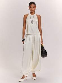 SHEIN BAE Conjunto de 2 piezas para mujer con top de tirantes halter sin espalda y pantalones farol en beige albaricoque, elegante y casual para ir al trabajo, uso diario, salidas casuales, conjunto práctico de satén albaricoque y blanco - Albaricoque - Ver 8