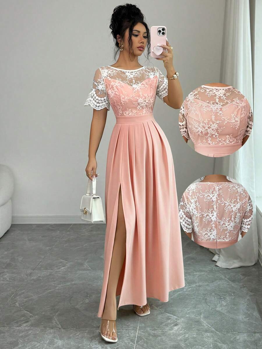 SHEIN Elenzya Women's Casual Short Sleeve Lace Patchwork Fitted Slit Dress - Pink - View 1