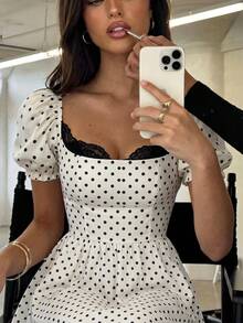 Flora Isola Flora Isola Women's Sexy Black Lace Trim Neckline Polka Dot Pattern Puff Sleeve Long Dress, Polka Dot Dress, Vacation Dress, Apricot Dress, Elegant Dress - Apricot - View 3
