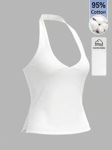 SHEIN BASICS Camiseta de tirantes con cuello halter y abertura lateral en el bajo de unicolor para mujer - Blanco - Ver 7