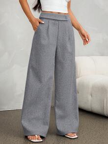 SHEIN PETITE 女款純色百褶口袋寬腿寬鬆休閒長褲 - 灰色 - 查看 4