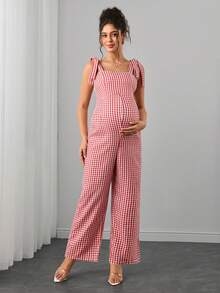 SHEIN Jumpsuit Hamil Kasual Motif Kotak-kotak untuk Sehari-hari dengan Detail Simpul di Bahu - Merah - View 3