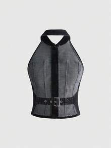 ROMWE Top de tirantes de mezclilla para mujer con cremallera, negro lavado vintage, estilo festival de música - Negro - Ver 2