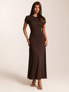 SHEIN BAE Spring/Summer Solid Dark Brown Round Neck Short Sleeve Fitted Dress, Elegant Casual Knit Brunch Going Out - Brown - View 3