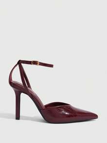 CUCCOO SZL Women's Pointy Sexy Glossy High-Heeled Women's Shoes Stiletto Commuter Avant-Garde Party Gray Word With Buckle Snake Pattern - Burgundy - View 2