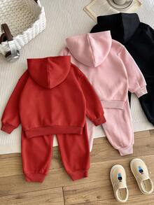 LMoss Kids 女童小女孩針織素色愛心圖案連帽休閒衛衣與長秋褲 6件套 - 紅色 - 查看 2