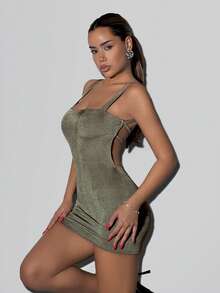 SHEIN ICON Women's Fashionable Sexy Backless Mini Slip Dress For Party Night Out Club Olive Green Summer - Olive Green - View 2