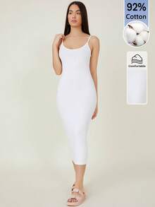 SHEIN BASICS 女款純色休閒極簡日常夏季長版細肩帶洋裝 白色 居家休閒城市度假風 - 白色 - 查看 5