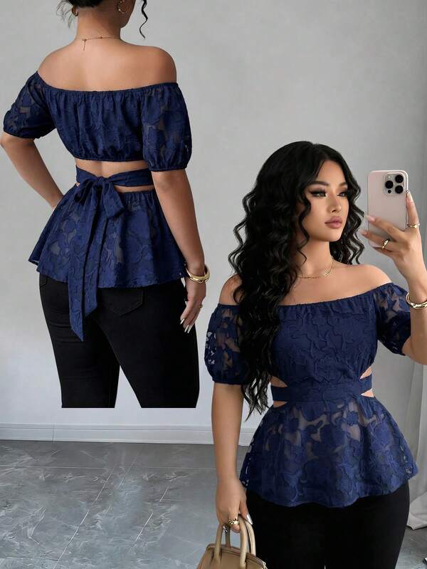 Elenzga Versatile Premium Jacquard Plus Size Women's Off-Shoulder Back Knot Blouse