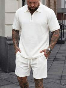 DRIVNCORE Plus Size Men's Zip-Up Half Placket Short Sleeve Polo Shirt And Drawstring Waist Pocket Casual Shorts Set - White - View 1