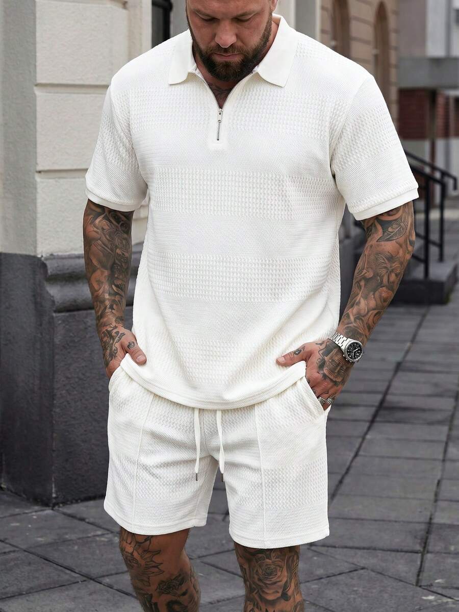 DRIVNCORE Plus Size Men's Zip-Up Half Placket Short Sleeve Polo Shirt And Drawstring Waist Pocket Casual Shorts Set - White - View 1