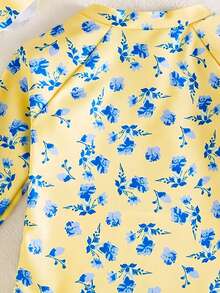 SHEIN Newborn Small Floral Print One-Piece Swimsuit - Mustard Yellow - View 7