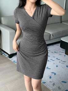 DAZY V-Neck Slim Fit Short Sleeve Short Length Solid Color Dress, Summer Outfit, Women's Nightgown Pajamas - Grey - View 3