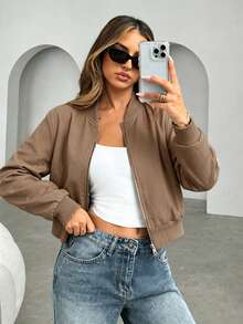 Siren Gaze Zip Up Wind Bomber Jacket In Fall/Winter Brown,Fall,Fall Clothes For Women Casual Spring - Mocha Brown - View 1