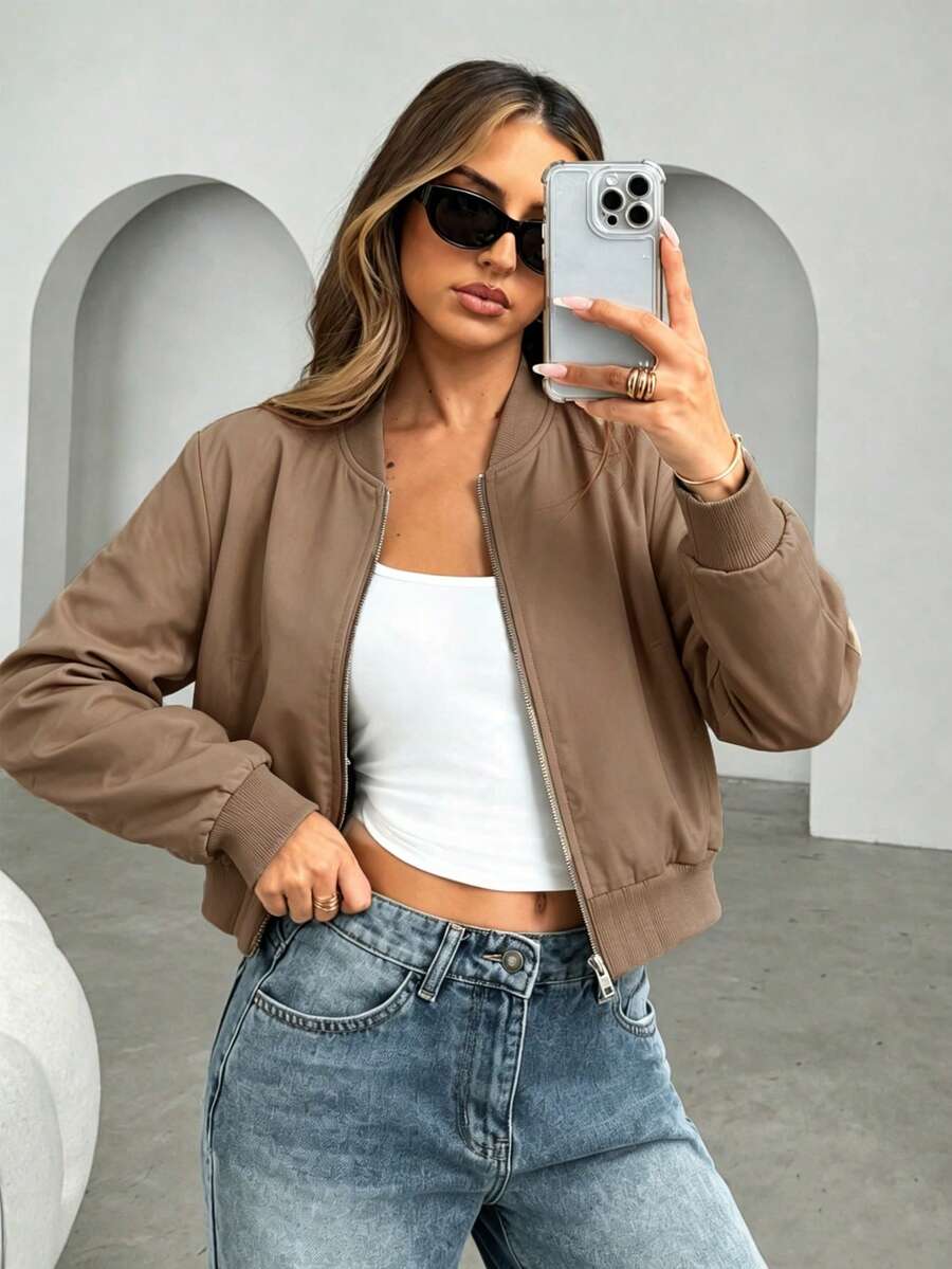 Siren Gaze Zip Up Wind Bomber Jacket In Fall/Winter Brown,Fall,Fall Clothes For Women Casual Spring - Mocha Brown - View 1