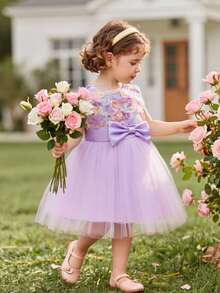 SHEIN Glamorique Kids 女嬰公主洋裝，優雅可愛紫色粉色3D花朵無袖蝴蝶結網紗蓬蓬裙，生日派對、婚禮節日禮服、舞會禮服、畢業禮服、夏季洋裝 - 紫色 - 查看 3