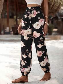 SHEIN PETITE 女款秋季休閒性感度假花卉印花錐形長褲 沙灘黑粉色 - 黑色 - 查看 6