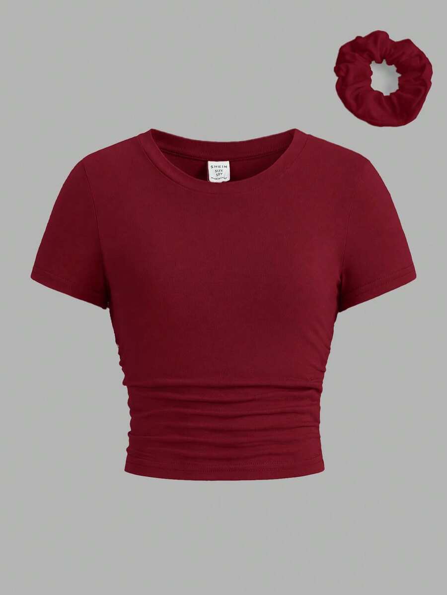 SHEIN Girlism Kaos Anak Perempuan Remaja Model Slim Fit Kasual Leher Bulat Lengan Pendek dengan Detail Kerut di Samping dan Ikat Rambut - Burgundy - View 1