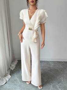 Elenzga Spring/Summer New Commuter V-Neck Design Asymmetric Ruffle Waist-Cinched Slimming Drapey Straight Leg Women's Jumpsuit - Apricot - View 3
