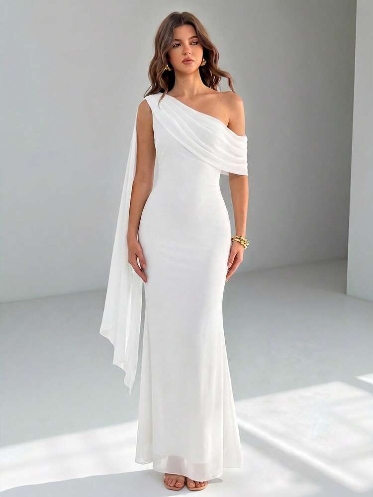 shein asymmetrical dress Tall Women's Elegant Solid Color Shoulder Dress, Prom Dinner Formal, Summer Wedding Guest, Tall White Mini dress