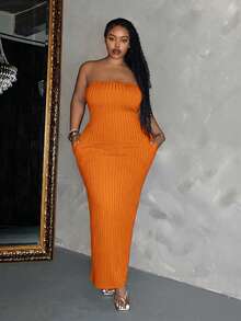 Slaydiva Slayr Plus Elegant Sexy Casual Solid Color Fitted Pocket Strapless Dress For Women Plus Size Vacation Orange Summer - Orange - View 6
