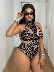 Maweii Sexy Charming Fashion Hollow Leopard Print Triangle Cup Plus Size Sleeveless Bodysuit Set, Suitable For Evening Date Outfit, Sexy Date Bodysuit, Hollow Bodysuit, Leopard Print Bodysuit - Brown - View 6