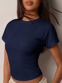 COSMINA Camiseta casual versátil de unicolor y ajuste ceñido para mujer - Azul Marino - Ver 5