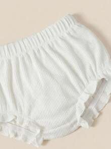 SHEIN Newborn Baby Casual Solid Color Ribbed Knit Elastic Waist Ruffle Hem Romper Shorts - White - View 3