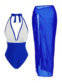 Swim Oasis Sunner Vacation 優雅浪漫海星扣飾連身泳衣高級套裝 - 寶藍色 - 查看 2