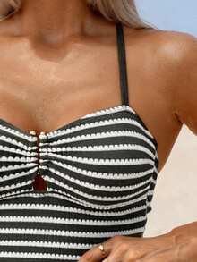 Swim Lushoire Women's Summer Vacation Casual Beach Wear Green Striped Two Pieces Set Tank Top Camisole Bikini Adjustable Shoulder Strap Swimwear Set - Black - View 5