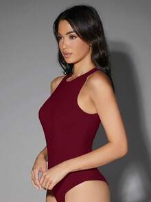 Silquee Summer Casual Solid Color Sleeveless Bodysuit - Burgundy - View 4