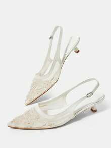 CUCCOO HITCHD Sepatu Wanita Beige Jala Bordir Manik-manik Ujung Lancip Hak Rendah Sandal Tali Belakang Gaya Peri Lembut Model Musim Semi dan Musim Panas Cocok untuk Pernikahan dan Kencan - Putih 1 - View 7