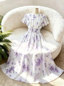 GlowEve CURVE Plus Size Women's French Floral Chiffon Dress, V-Neck Waist-Cinching Slimming Elegant Long Vacation Fairy Dress Wedding Guest White Summer - Purple - View 2