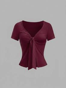 Sweetra Women's Solid Color Front Knot Short Sleeve Casual T-Shirt - Multicolor - View 4