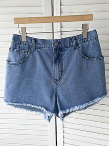 Soleia Plus Size Women's Sun Face Pattern Frayed Hem Casual Denim Shorts Halloween Shorts Back To School Party Shorts Going Out Shorts Vacation Casual Shorts - Medium Wash - View 4