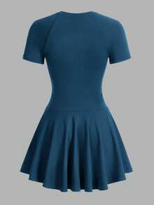 SHEIN Cheerettes 女款純色短袖前拉鍊運動連身裙附短褲 - Blue Power - 查看 9