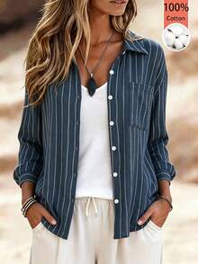 Isle Nomé Women's Casual Commute Striped Lightweight Jacket - Navy Blue - View 4