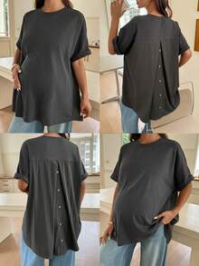 Dazy Maternity Solid Color Patchwork Back Button Design Front Short Back Long Spring Summer Short Sleeve Maternity T-Shirt - Dark Grey - View 4