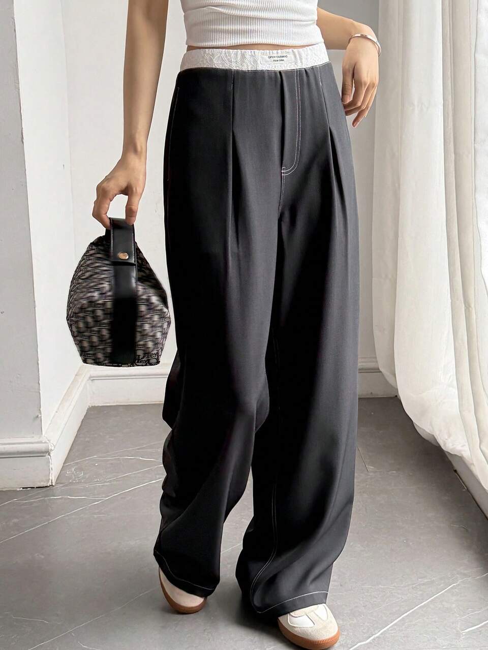 Women's Casual Commute Office Business Colorblock Waistband Long Pants Autumn Black And White