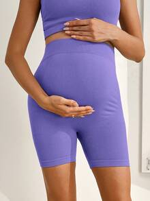 SHEIN 夏季孕婦純色高腰修身運動短褲，柔軟方正版型，適合度假穿搭、嬰兒派對、海灘、健身房、拍照及工作，紫色 - 紫色 - 查看 4