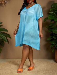 SHEIN CURVE+ Summer Beach Plus Size Batwing Sleeve Split Thigh Cover Up Dress Without Bikini Set, Curve Plus Baby Blue Sexy - Blue - View 3