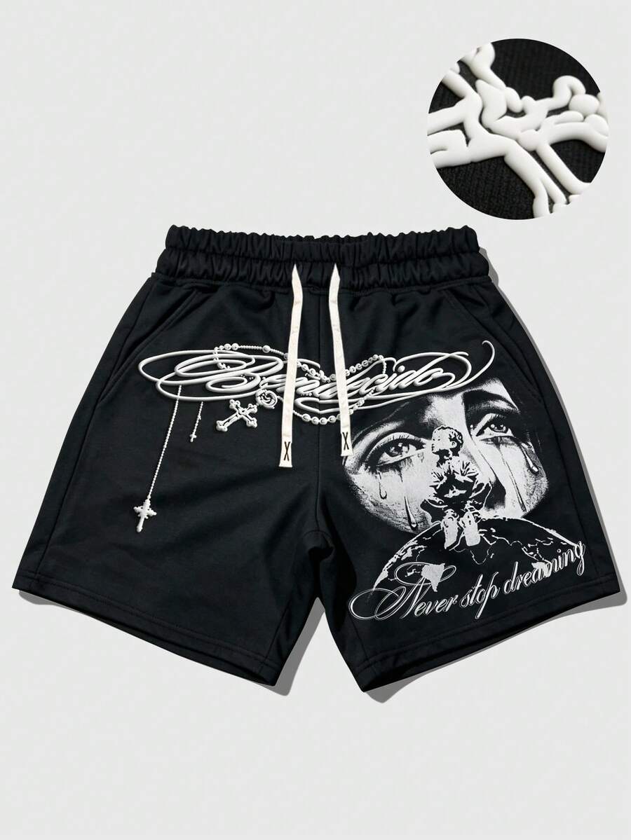 ROMWE MEN Street Life Celana Pendek Olahraga Kasual Pria Musim Semi/Panas 2026 dengan Motif Tebal, Celana Jogging Pasangan Unisex - Hitam - View 1