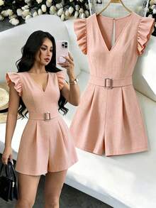 Fine & Folde جمبسوت نسائي جديد منسوج بياقة على شكل حرف V وأكمام متطايرة مزين بأزرار معدنية وخصر مشدود للارتداء اليومي والتنقل - وردي - مشاهدة 7