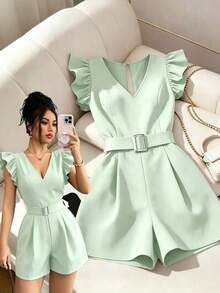 SHEIN Clasi Women's New Woven Black V-Neck Flutter Sleeve Metal Button Waist Cinched Casual Commute Jumpsuit - Green - View 1