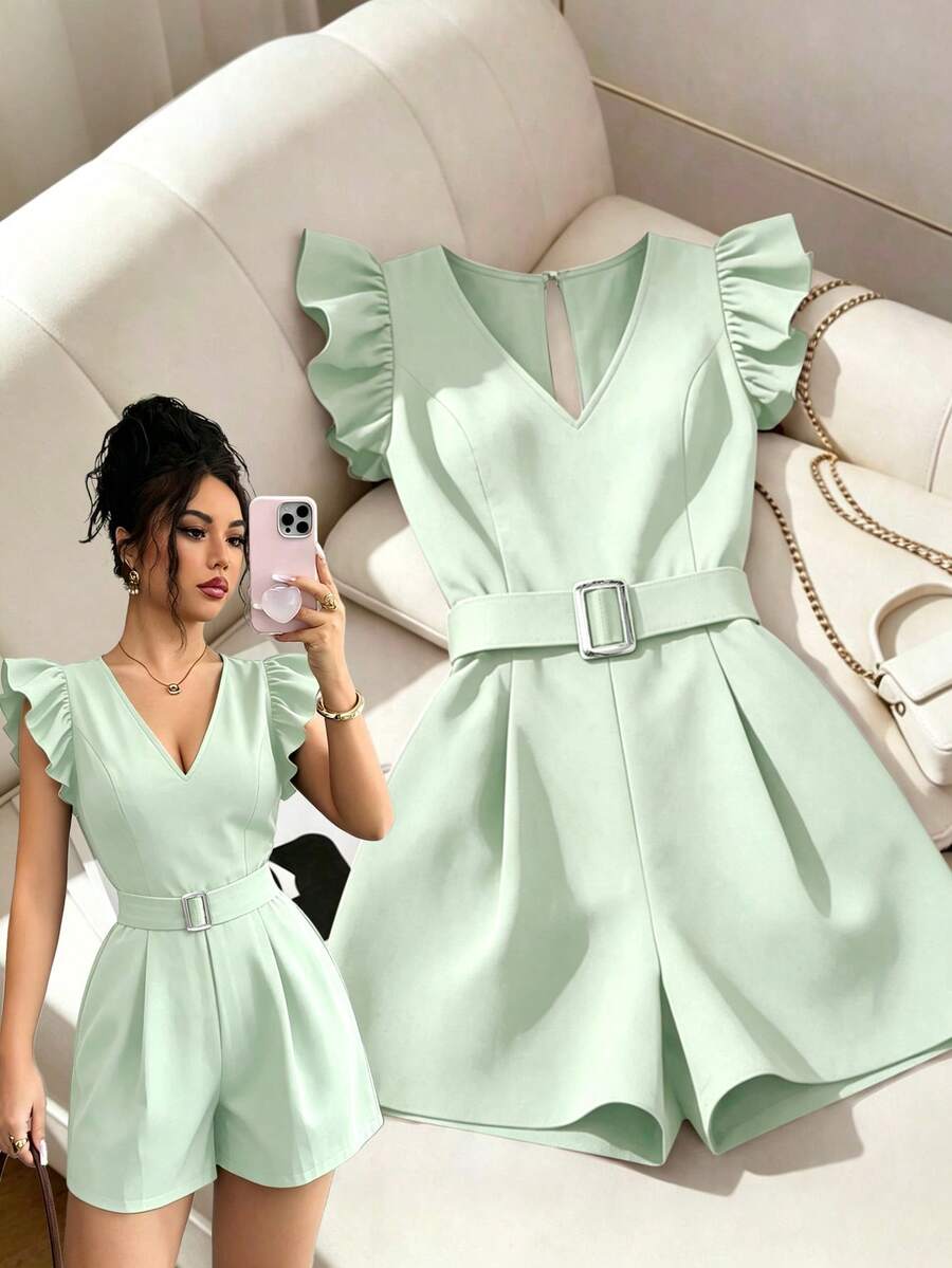 SHEIN Clasi Women's New Woven Black V-Neck Flutter Sleeve Metal Button Waist Cinched Casual Commute Jumpsuit - Green - View 1