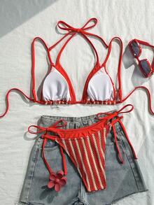 Swim Mod 女款兩件式比基尼泳衣套裝，2合1，細肩帶，特殊布料拼接，純色綁帶，休閒舒適度假泳裝 - 彩色 - 查看 2
