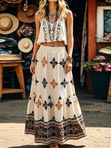 LanaWest Women's Summer Vintage Boho Floral Pattern West Casual Skirt Vacation Beige - Multicolor - View 3