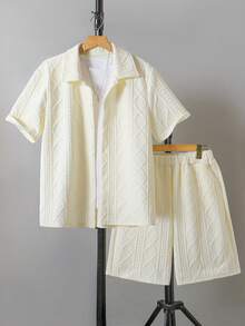 2 pièces/Set Chemise décontractée à texture géométrique pour garçons adolescents, tissu confortable, convient pour les déplacements quotidiens et les vacances - Beige - Voir 1