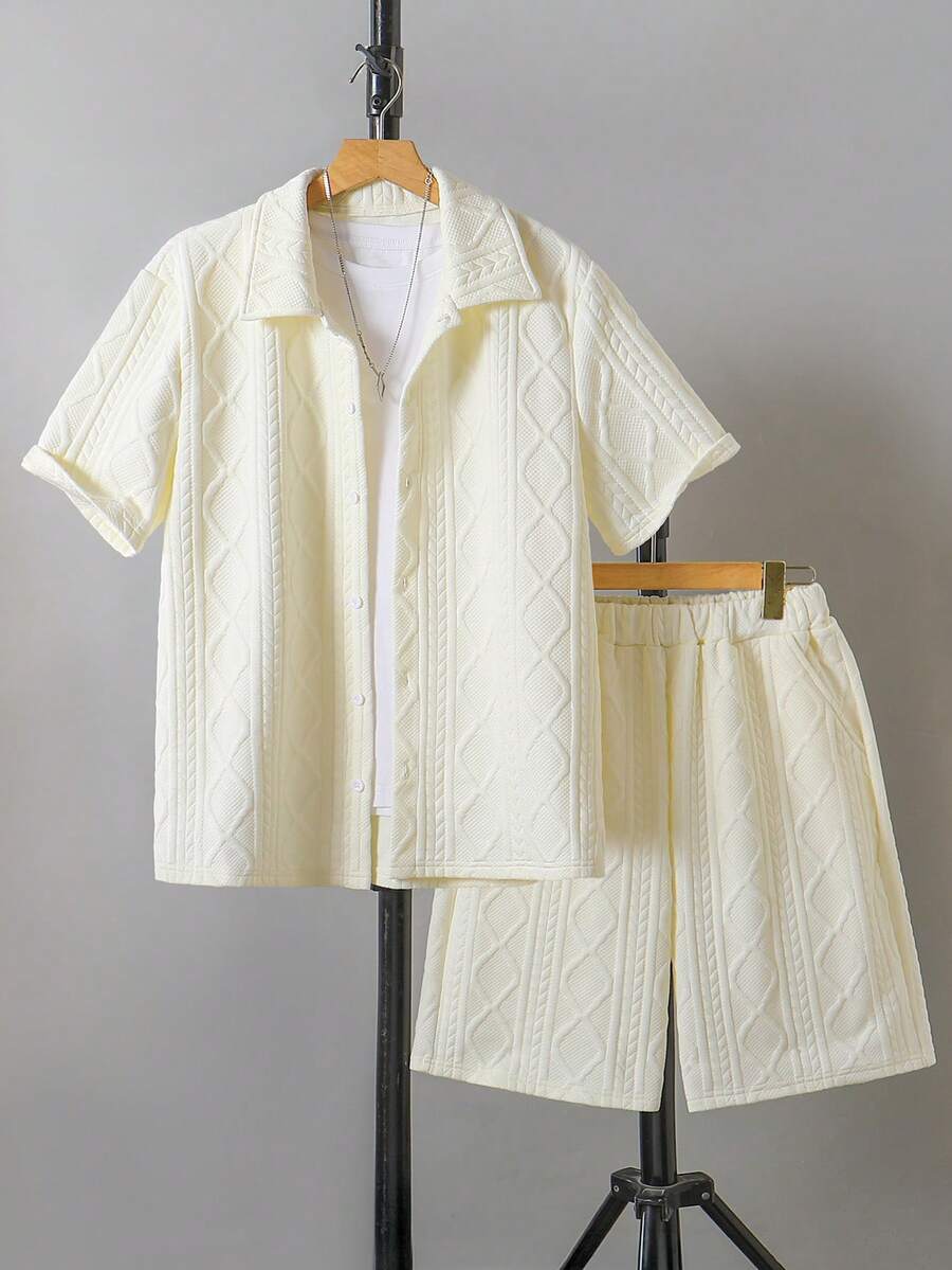 2 pièces/Set Chemise décontractée à texture géométrique pour garçons adolescents, tissu confortable, convient pour les déplacements quotidiens et les vacances - Beige - Voir 1
